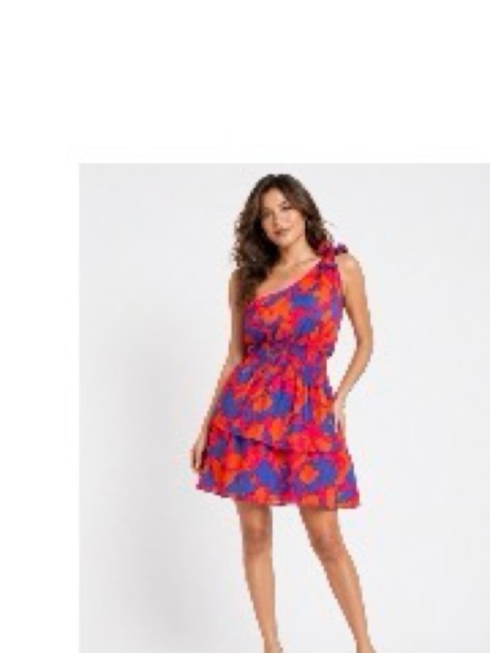 One-Shoulder Floral Ruffle Mini Dress in Red and Purple